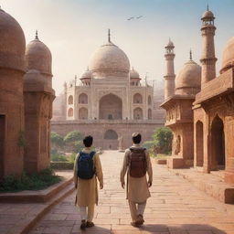 Disney Pixar-style image of a traveling Islamic student exploring a scenic Indian city teeming with natural beauty.