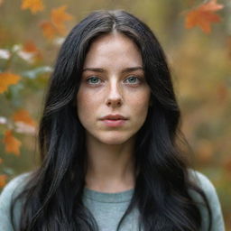 Capture an ultra-detailed, raw-style 4K HD shot, as though taken by Sony Alpha II and Sony FE 200, of a full-body 23-year-old female with green eyes, freckles, and long black hair observing autumn leaves drifting down under natural light.