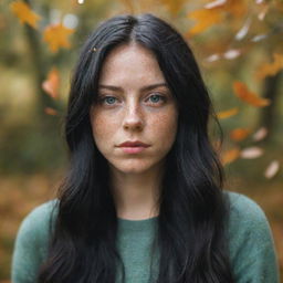 Capture an ultra-detailed, raw-style 4K HD shot, as though taken by Sony Alpha II and Sony FE 200, of a full-body 23-year-old female with green eyes, freckles, and long black hair observing autumn leaves drifting down under natural light.