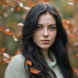 Capture an ultra-detailed, raw-style 4K HD shot, as though taken by Sony Alpha II and Sony FE 200, of a full-body 23-year-old female with green eyes, freckles, and long black hair observing autumn leaves drifting down under natural light.