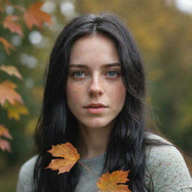 Capture an ultra-detailed, raw-style 4K HD shot, as though taken by Sony Alpha II and Sony FE 200, of a full-body 23-year-old female with green eyes, freckles, and long black hair observing autumn leaves drifting down under natural light.