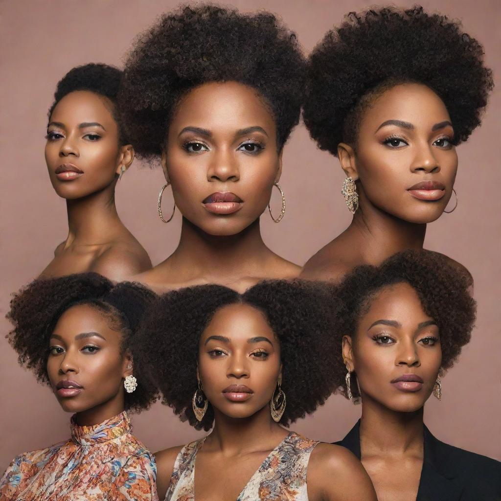 A portrait of beautiful black women showcasing variety in style, features, and culture, embodying strength and poise.