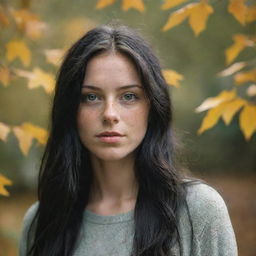 Capture an ultra-detailed, raw-style 4K HD shot, as though taken by Sony Alpha II and Sony FE 200, of a full-body 23-year-old female with green eyes, freckles, and long black hair observing autumn leaves drifting down under natural light.