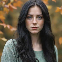 Capture an ultra-detailed, raw-style 4K HD shot, as though taken by Sony Alpha II and Sony FE 200, of a full-body 23-year-old female with green eyes, freckles, and long black hair observing autumn leaves drifting down under natural light.