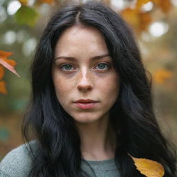 Capture an ultra-detailed, raw-style 4K HD shot, as though taken by Sony Alpha II and Sony FE 200, of a full-body 23-year-old female with green eyes, freckles, and long black hair observing autumn leaves drifting down under natural light.