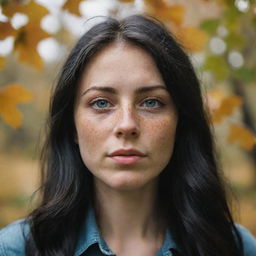 Capture an ultra-detailed, raw-style 4K HD shot, as though taken by Sony Alpha II and Sony FE 200, of a full-body 23-year-old female with green eyes, freckles, and long black hair observing autumn leaves drifting down under natural light.