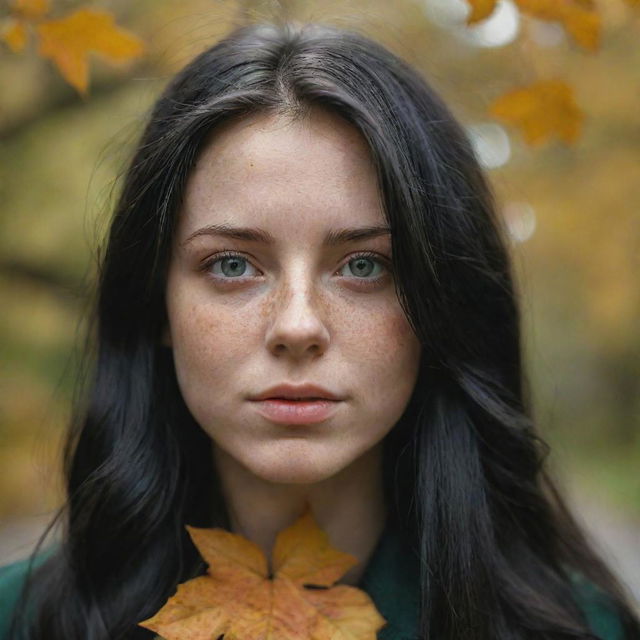 Capture an ultra-detailed, raw-style 4K HD shot, as though taken by Sony Alpha II and Sony FE 200, of a medium-body 23-year-old female with green eyes, freckles, and long black hair observing autumn leaves drifting down under natural light.