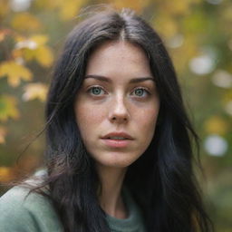 Capture an ultra-detailed, raw-style 4K HD shot, as though taken by Sony Alpha II and Sony FE 200, of a medium-body 23-year-old female with green eyes, freckles, and long black hair observing autumn leaves drifting down under natural light.