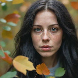 Capture an ultra-detailed, raw-style 4K HD shot, as though taken by Sony Alpha II and Sony FE 200, of a medium-body 23-year-old female with green eyes, freckles, and long black hair observing autumn leaves drifting down under natural light.