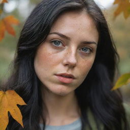 Capture an ultra-detailed, raw-style 4K HD shot, as though taken by Sony Alpha II and Sony FE 200, of a medium-body 23-year-old female with green eyes, freckles, and long black hair observing autumn leaves drifting down under natural light.