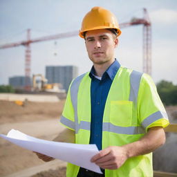 A young, dynamic deputy manager in his late 20s at a bridge construction site. He is a civil engineer seen with blueprints and safety gear, overlooking the ongoing work