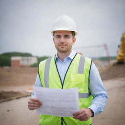 A young, dynamic deputy manager in his late 20s at a bridge construction site. He is a civil engineer seen with blueprints and safety gear, overlooking the ongoing work