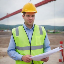 A young, dynamic deputy manager in his late 20s at a bridge construction site. He is a civil engineer seen with blueprints and safety gear, overlooking the ongoing work