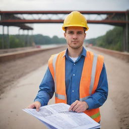 A young, dynamic deputy manager in his late 20s at a bridge construction site. He is a civil engineer seen with blueprints and safety gear, overlooking the ongoing work