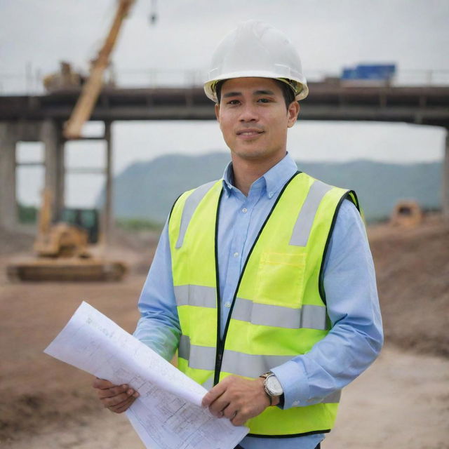 A young, motivated deputy manager in his late 20s overseeing a bridge construction site. He is a Filipino civil engineer holding blueprints, with construction safety gear on