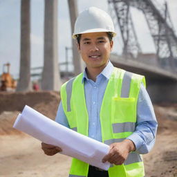 A young, motivated deputy manager in his late 20s overseeing a bridge construction site. He is a Filipino civil engineer holding blueprints, with construction safety gear on