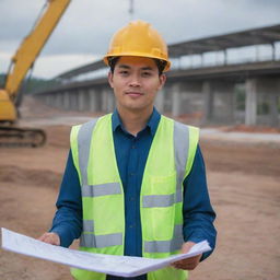 A young, motivated deputy manager in his late 20s overseeing a bridge construction site. He is a Filipino civil engineer holding blueprints, with construction safety gear on