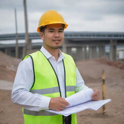 A young, motivated deputy manager in his late 20s overseeing a bridge construction site. He is a Filipino civil engineer holding blueprints, with construction safety gear on