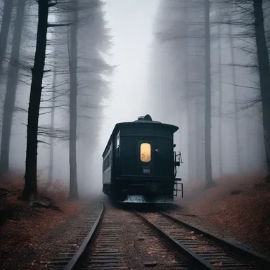 In the horror novel, the characters find themselves trapped on a cog railway in the middle of a dark forest, with no way to escape the haunted tracks.