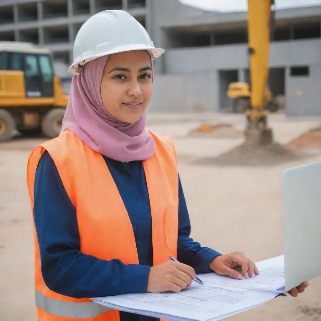 A young, diligent project controller in her late 20s performing her duties at a construction site. She is a Filipina Muslim civil engineer wearing a hijab along with her safety gear, with blueprints and a laptop