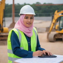 A young, diligent project controller in her late 20s performing her duties at a construction site. She is a Filipina Muslim civil engineer wearing a hijab along with her safety gear, with blueprints and a laptop