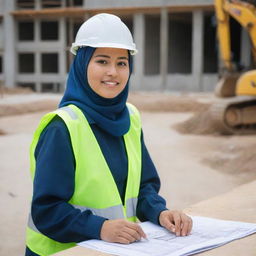 A young, diligent project controller in her late 20s performing her duties at a construction site. She is a Filipina Muslim civil engineer wearing a hijab along with her safety gear, with blueprints and a laptop