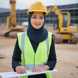 A young, diligent project controller in her late 20s performing her duties at a construction site. She is a Filipina Muslim civil engineer wearing a hijab along with her safety gear, with blueprints and a laptop