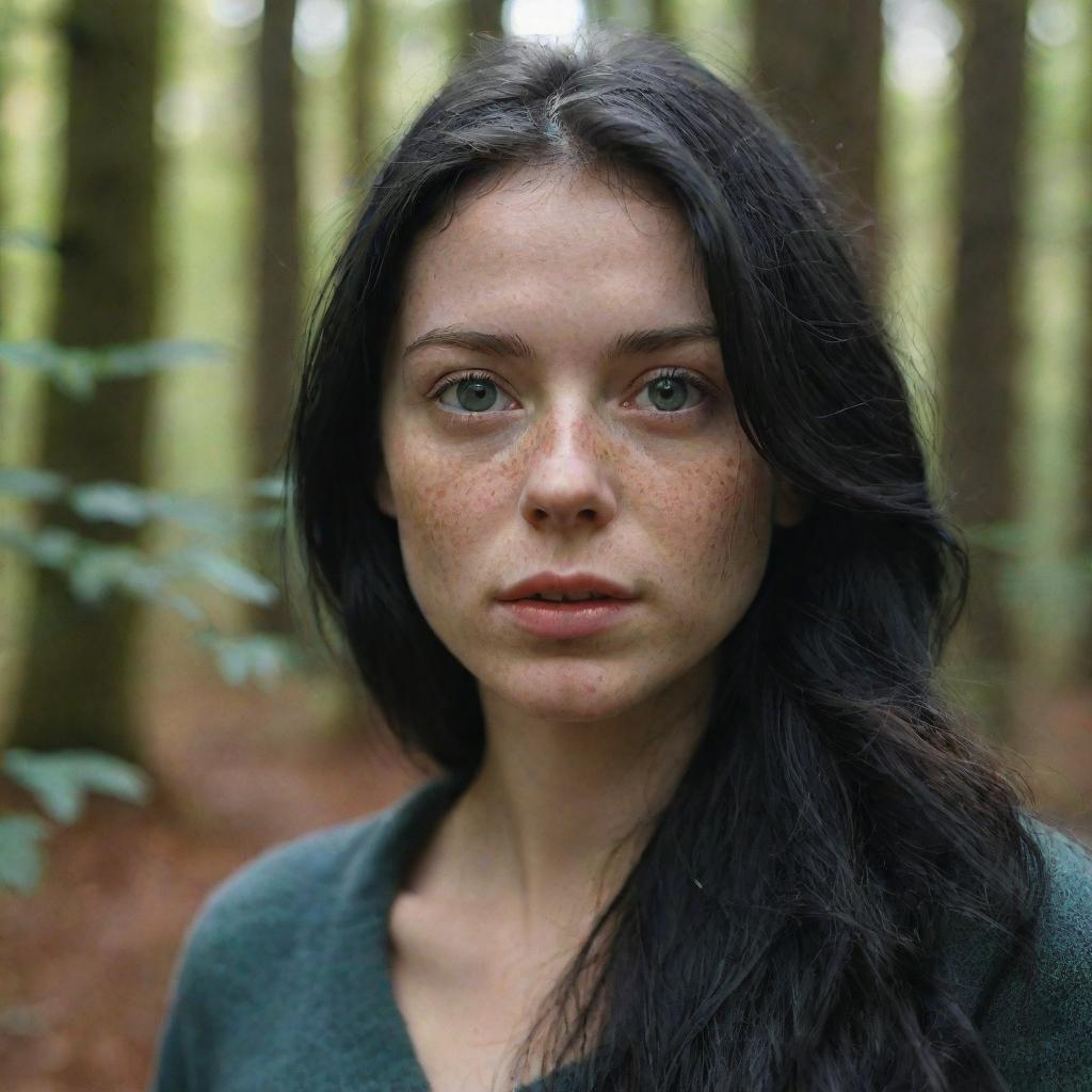 Capture an ultra-detailed, raw-style 4K HD shot in a forest during autumn, as though taken by Sony Alpha II and Sony FE 200, of a medium-body 23-year-old female with green eyes, freckles, and long black hair under natural light.