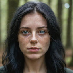 Capture an ultra-detailed, raw-style 4K HD shot in a forest during autumn, as though taken by Sony Alpha II and Sony FE 200, of a medium-body 23-year-old female with green eyes, freckles, and long black hair under natural light.