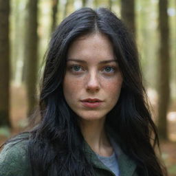 Capture an ultra-detailed, raw-style 4K HD shot in a forest during autumn, as though taken by Sony Alpha II and Sony FE 200, of a medium-body 23-year-old female with green eyes, freckles, and long black hair under natural light.