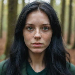 Capture an ultra-detailed, raw-style 4K HD shot in a forest during autumn, as though taken by Sony Alpha II and Sony FE 200, of a medium-body 23-year-old female with green eyes, freckles, and long black hair under natural light.