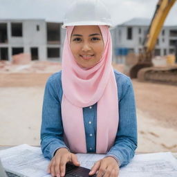 A young, dedicated Filipina Muslim civil engineer in her late 20s, working as a project controller, wearing a light pink hijab along with safety gear, amid blueprints and a laptop at a construction site