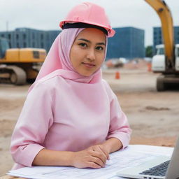 A young, dedicated Filipina Muslim civil engineer in her late 20s, working as a project controller, wearing a light pink hijab along with safety gear, amid blueprints and a laptop at a construction site