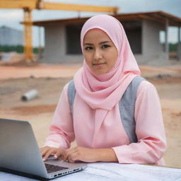 A young, dedicated Filipina Muslim civil engineer in her late 20s, working as a project controller, wearing a light pink hijab along with safety gear, amid blueprints and a laptop at a construction site