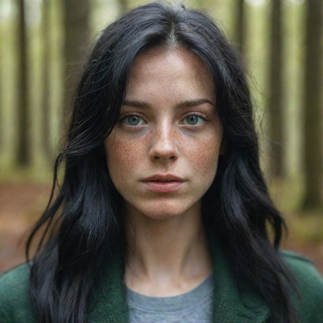 Capture an ultra-detailed, raw-style 4K HD shot in a forest during autumn, as though taken by Sony Alpha II and Sony FE 200, of a medium-body 23-year-old female with green eyes, freckles, and long black hair under natural light.