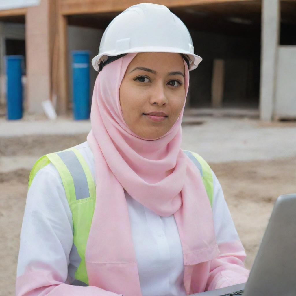 A Filipina Muslim civil engineer, with a distinctive not so narrow nose, in her late 20s. As a project controller, she is depicted with a light pink hijab, safety gear, and busy with blueprints and a laptop at a construction site