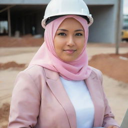 A Filipina Muslim civil engineer, with a distinctive not so narrow nose, in her late 20s. As a project controller, she is depicted with a light pink hijab, safety gear, and busy with blueprints and a laptop at a construction site