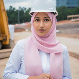 A Filipina Muslim civil engineer, with a distinctive not so narrow nose, in her late 20s. As a project controller, she is depicted with a light pink hijab, safety gear, and busy with blueprints and a laptop at a construction site