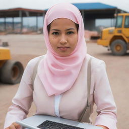 A Filipina Muslim civil engineer, with a distinctive not so narrow nose, in her late 20s. As a project controller, she is depicted with a light pink hijab, safety gear, and busy with blueprints and a laptop at a construction site