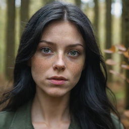 Capture an ultra-detailed, raw-style 4K HD shot in a forest during autumn, as though taken by Sony Alpha II and Sony FE 200, of a medium-body 23-year-old woman with green eyes, freckles, and long black hair under natural light.