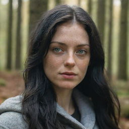 Capture an ultra-detailed, raw-style 4K HD shot in a forest during autumn, as though taken by Sony Alpha II and Sony FE 200, of a medium-body 23-year-old woman with green eyes, freckles, and long black hair under natural light.