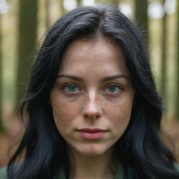 Capture an ultra-detailed, raw-style 4K HD shot in a forest during autumn, as though taken by Sony Alpha II and Sony FE 200, of a medium-body 23-year-old woman with green eyes, freckles, and long black hair under natural light.