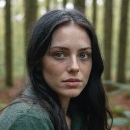 Capture an ultra-detailed, raw-style 4K HD shot in a forest during autumn, as though taken by Sony Alpha II and Sony FE 200, of a medium-body 23-year-old woman with green eyes, freckles, and long black hair under natural light.