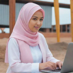 A Filipina Muslim civil engineer with distinguishing flat Filipina facial features. In her late 20s and working as a project controller, she's depicted in a light pink hijab, experimenting with blueprints and a laptop at a construction site