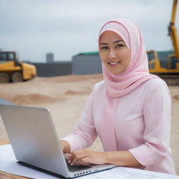 A Filipina Muslim civil engineer with distinguishing flat Filipina facial features. In her late 20s and working as a project controller, she's depicted in a light pink hijab, experimenting with blueprints and a laptop at a construction site