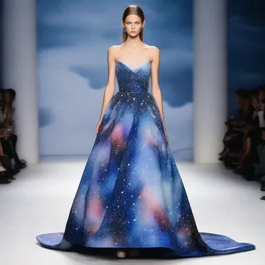 The designer created a stunning nebulous gown with a celestial print for the runway.