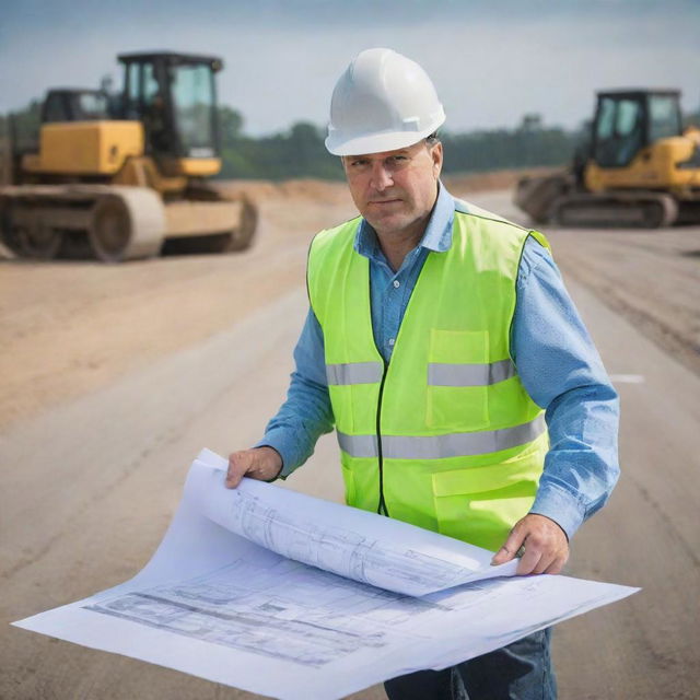 Hardworking road engineer in safety gear, working on-site surrounded by equipment, holding blueprints of road designs, with a backdrop of a vast under-construction roadscape