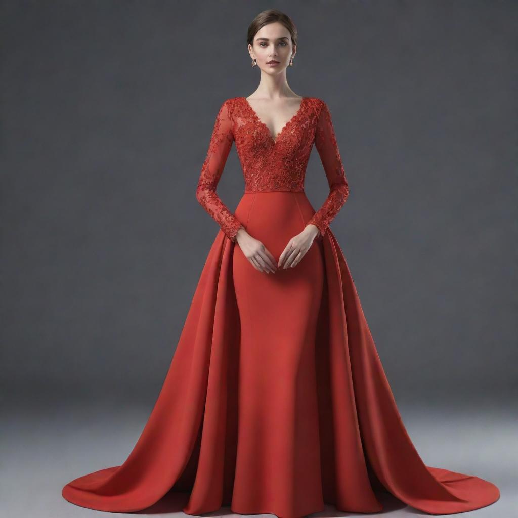 A 3D animation of a long, elegant red dress with long sleeves.