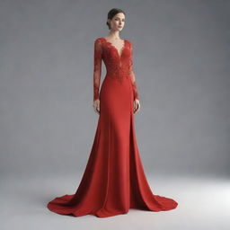 A 3D animation of a long, elegant red dress with long sleeves.