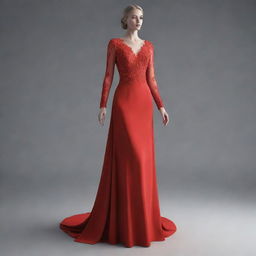 A 3D animation of a long, elegant red dress with long sleeves.